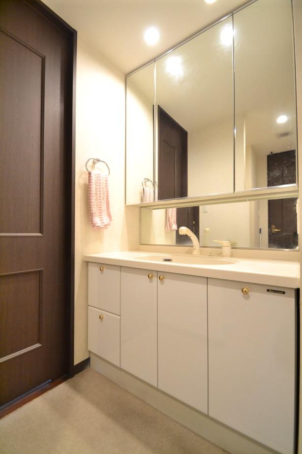 Wash basin, toilet. Housed three-sided mirror with vanity