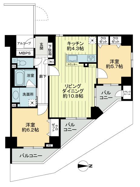 Floor plan. 2LDK, Price 19,800,000 yen, Footprint 64.6 sq m , Balcony area 11.24 sq m