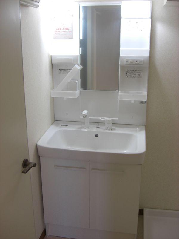 Wash basin, toilet. Vanity with shampoo for the shower faucet