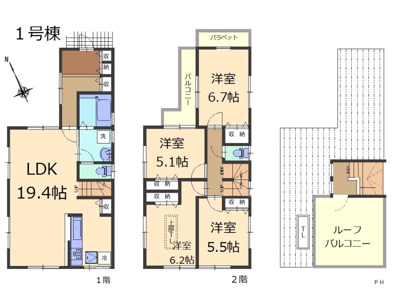 Floor plan. (1 Building), Price 45,800,000 yen, 4LDK, Land area 83.3 sq m , Building area 104.78 sq m