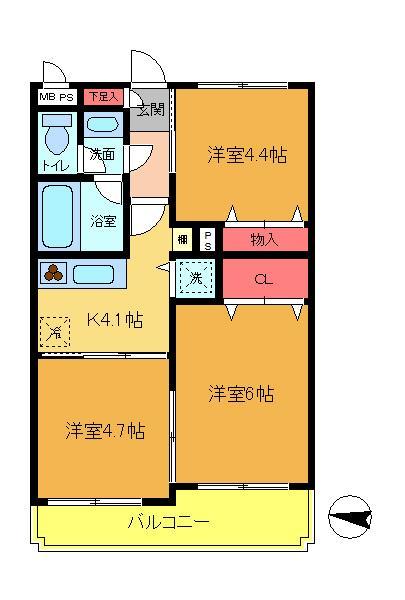 Floor plan. 2DK, Price 15.8 million yen, Occupied area 44.16 sq m , Balcony area 10.73 sq m