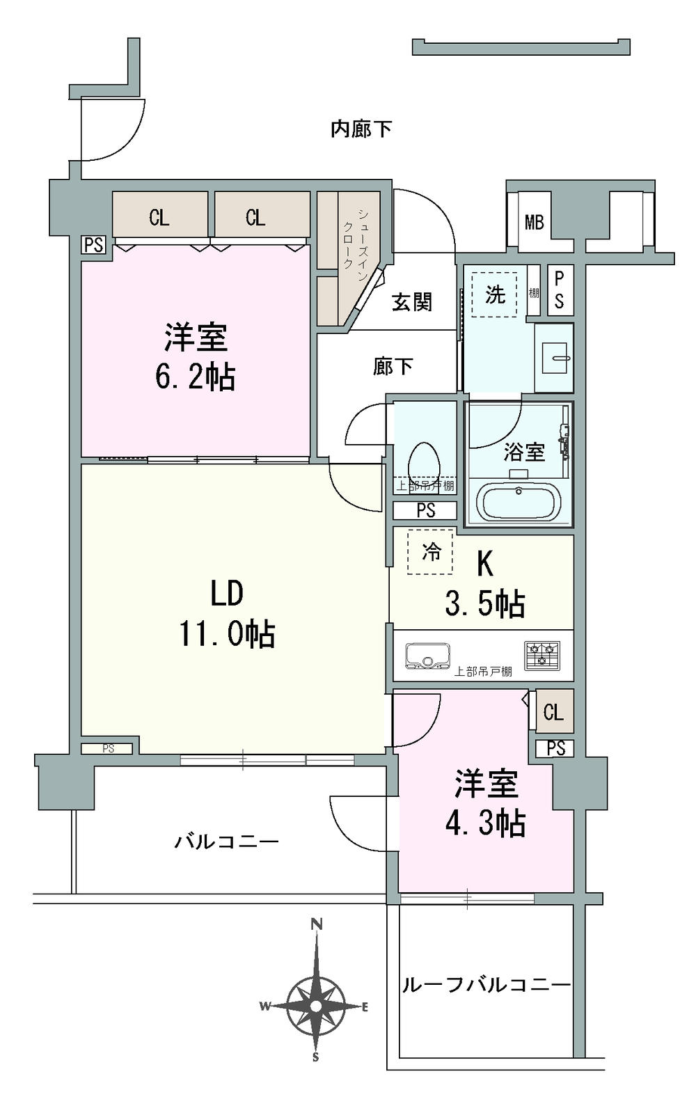 Floor plan. 2LDK, Price 27,800,000 yen, Occupied area 58.24 sq m , Balcony area 9.2 sq m