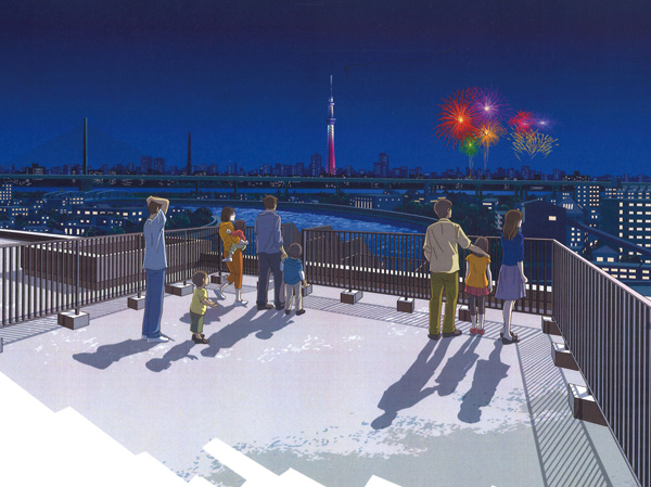 Shared facilities.  [West Terrace Sky Terrace Rendering illustrations] Satisfy the mind, Rooftop Sky Terrace. Sky terrace overlooking the 360 ​​° around the city were installed on the roof. Views and Sumida River fireworks display in the city center of night view and summer, It is open space. (July every year held)