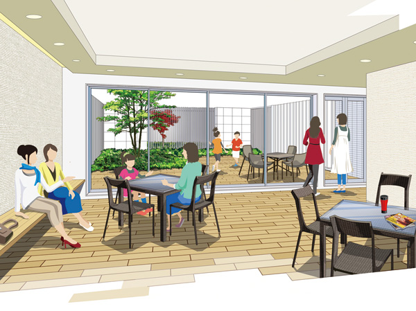 Shared facilities.  [West Terrace Community space Rendering illustrations] Provide a community space that can be used, such as the moms of mini party. The outside of the community space provided with a terrace surrounded by Kichotate grid, It is also possible to leave from there to play Court.