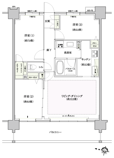 Floor: 3LDK + WIC, the area occupied: 72.2 sq m