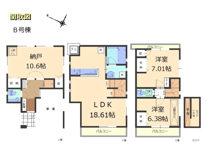 Floor plan. (B Building), Price 42,800,000 yen, 2LDK+2S, Land area 70.01 sq m , Building area 114.98 sq m
