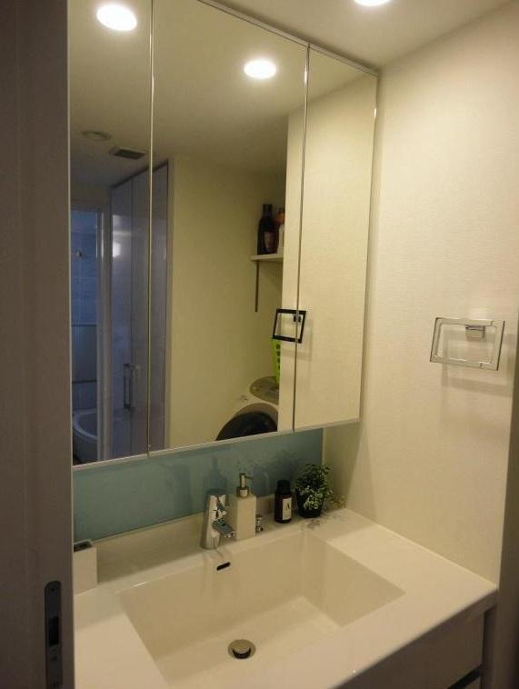 Wash basin, toilet. Vanity triple mirror