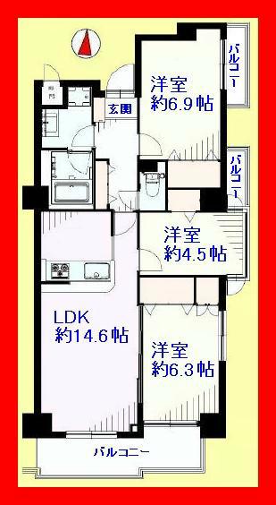 Floor plan. 3LDK, Price 24,800,000 yen, Occupied area 73.81 sq m , Balcony area 9.36 sq m southeast angle room