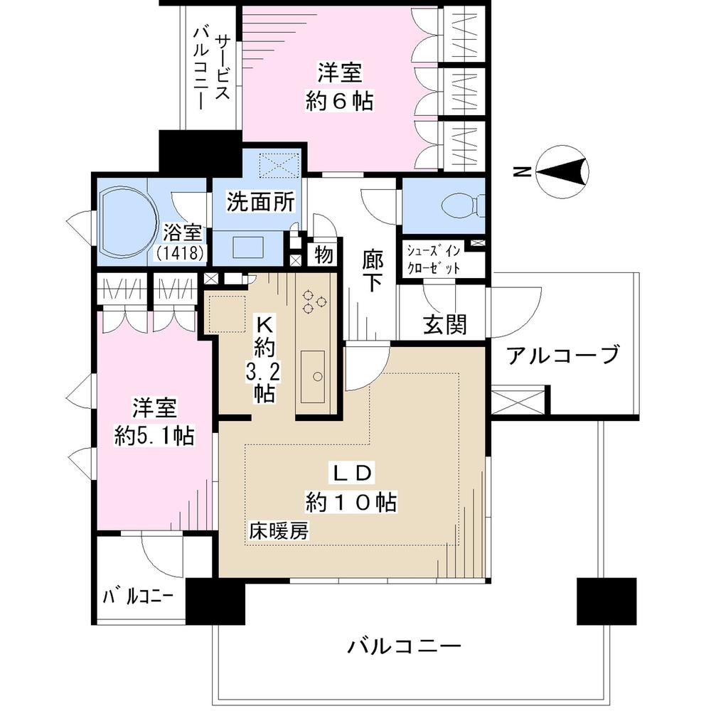 Floor plan. 2LDK, Price 26,800,000 yen, Occupied area 57.45 sq m , Balcony area 22.16 sq m