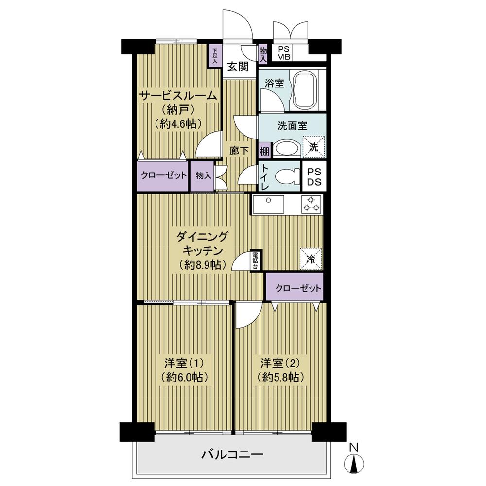 Floor plan. 2DK + S (storeroom), Price 26,800,000 yen, Occupied area 57.67 sq m , Balcony area 6.24 sq m