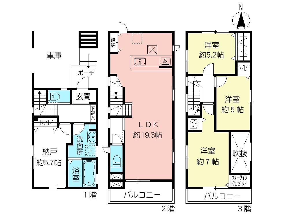 Floor plan. (3 Building), Price 46,800,000 yen, 3LDK+S, Land area 74.07 sq m , Building area 112.82 sq m