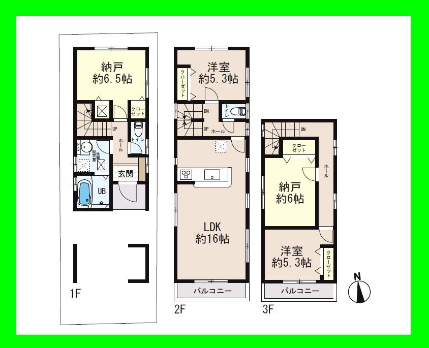 Floor plan. (3 Building), Price 45,800,000 yen, 2LDK+2S, Land area 72.58 sq m , Building area 115.83 sq m