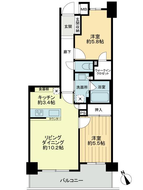 Floor plan. 2LDK, Price 36,800,000 yen, Footprint 54.1 sq m , Balcony area 9.21 sq m floor plan