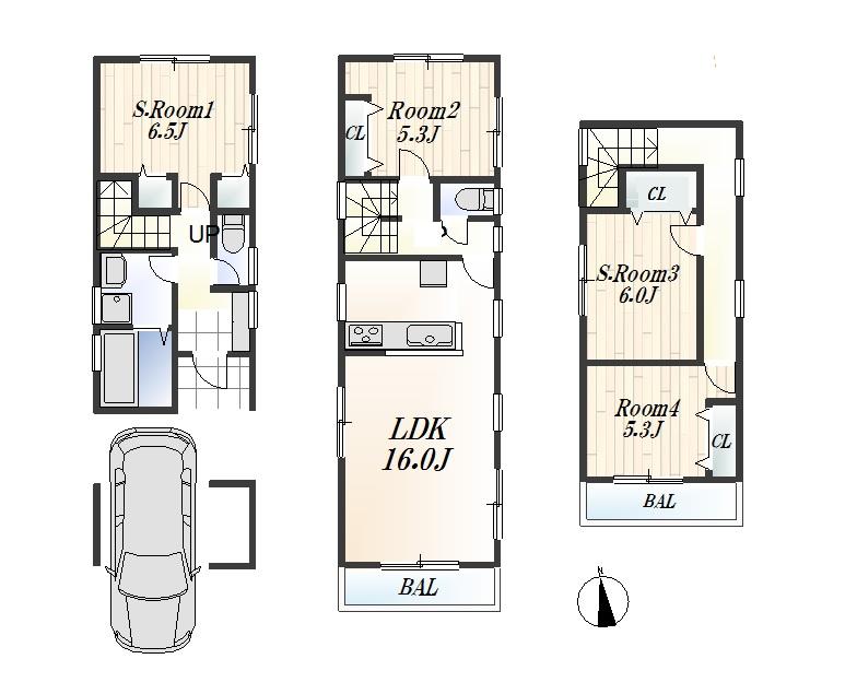 Floor plan. (3 Building), Price 45,800,000 yen, 2LDK+2S, Land area 72.58 sq m , Building area 115.83 sq m