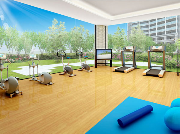 Shared facilities.  [Fitness Arena] Fitness arena with a variety of training equipment is, It is open space facing the courtyard. Without going to the sports club, Feel free to physical fitness up at any time while watching the green that spread out with a bit of free time ・ Tackled to health maintenance. (Rendering)
