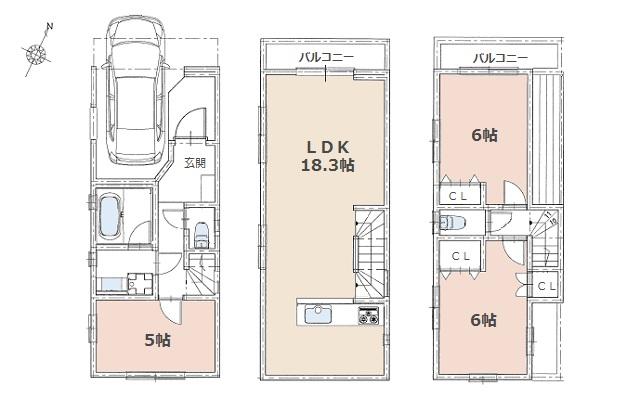 Floor plan. (B Building), Price 39,800,000 yen, 3LDK, Land area 54.81 sq m , Building area 90.49 sq m