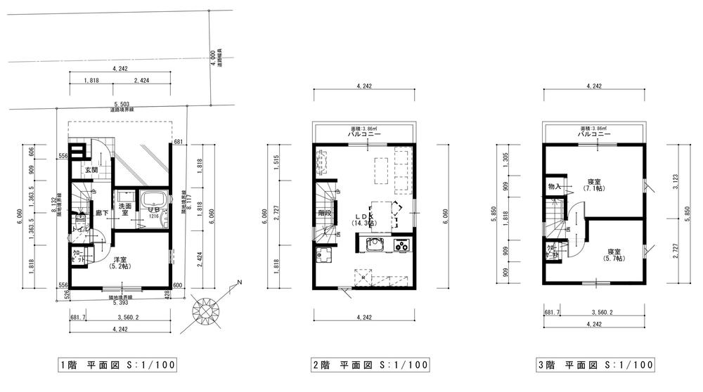 Building plan example (floor plan). Building plan example (B compartment) 3LDK, Land price 35,800,000 yen, Land area 44.2 sq m , Building price 13.3 million yen, Building area 75.11 sq m