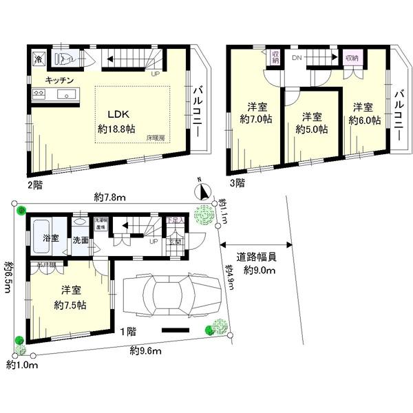 Floor plan. 50,450,000 yen, 4LDK, Land area 57.14 sq m , Building area 92.58 sq m 4LDK Three-story Building area 92.58 sq m (about 28.00 square meters)