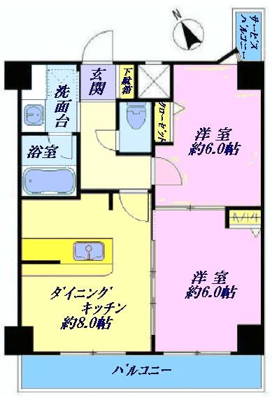 Floor plan. 2DK, Price 28,900,000 yen, Occupied area 51.35 sq m , Balcony area 7.8 sq m