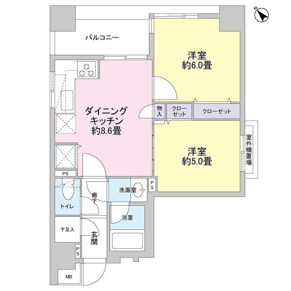 Floor plan. 2LDK, Price 19,800,000 yen, Occupied area 45.87 sq m , Balcony area 4.48 sq m 2LDK