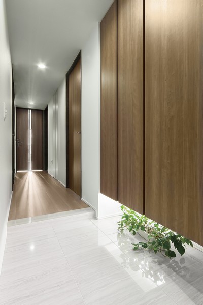 Graceful entrance around which arranged the housing to the clean materials and space with texture