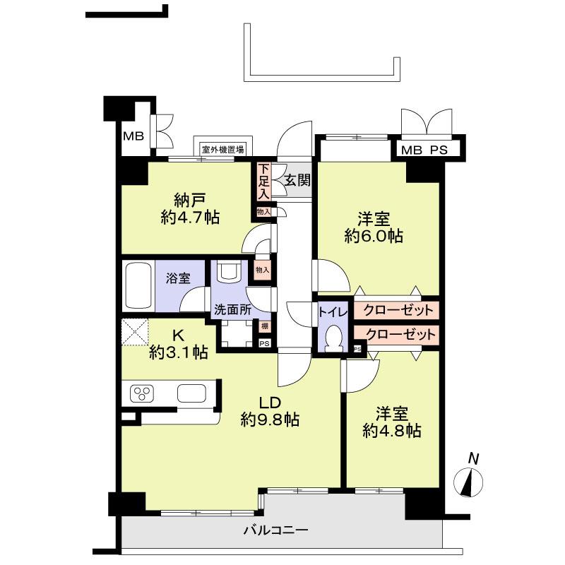 Floor plan. 2LDK + S (storeroom), Price 29,800,000 yen, Occupied area 61.34 sq m , Balcony area 8.87 sq m