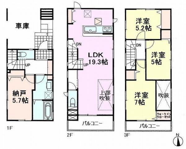 Floor plan. 42,800,000 yen, 3LDK+S, Land area 74.09 sq m , Building area 112.82 sq m All rooms are two-sided lighting