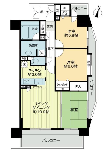 Floor plan. 3LDK, Price 32,800,000 yen, Occupied area 70.34 sq m , Balcony area 17.4 sq m