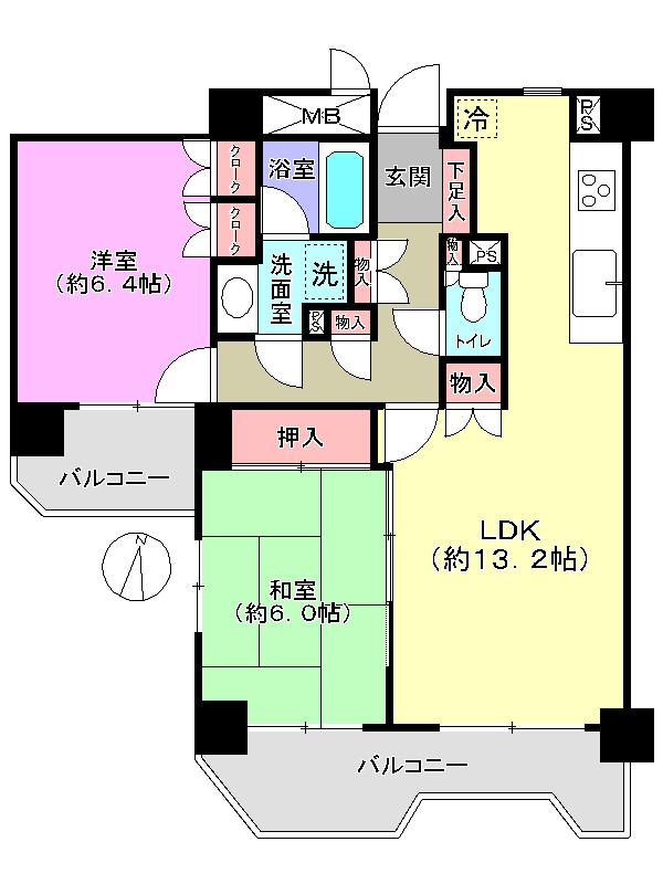 Floor plan. 2LDK, Price 24,900,000 yen, Occupied area 59.49 sq m , Balcony area 12.9 sq m