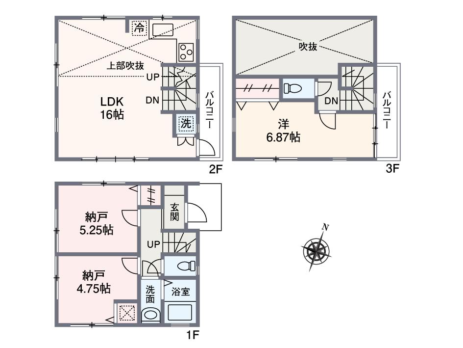 Floor plan. (3 Building), Price 42,800,000 yen, 1LDK+2S, Land area 51.28 sq m , Building area 75.12 sq m