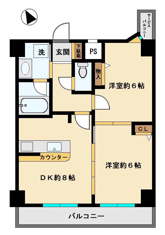 Floor plan. 2DK, Price 28,900,000 yen, Occupied area 51.35 sq m , Balcony area 7.8 sq m