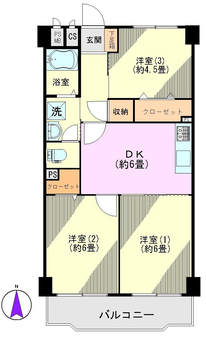 Floor plan. 3DK, Price 16.8 million yen, Occupied area 52.38 sq m , Balcony area 6.4 sq m