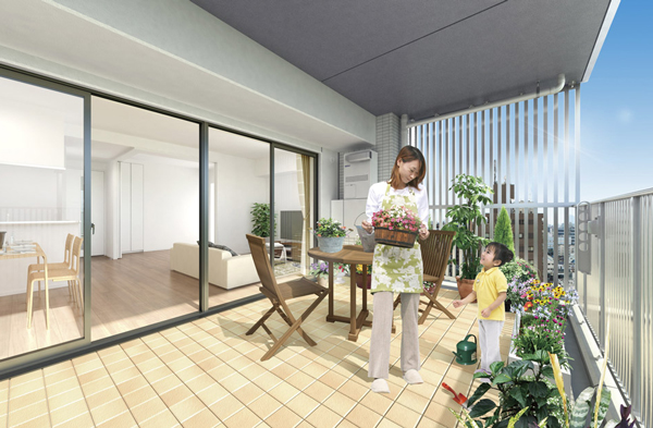 Living.  [Another living ・ Terrace balcony] Prepare a terrace balcony plan of depth up to about 3m. As a child of the playground, Reading, etc. Place the chairs and tables, Various also how fun to suit your lifestyle. (D type ・ Terrace balcony Rendering) ※ A ・ B type 6th floor ~ Except for the 15th floor. The presence or absence of installation and shape depends on the dwelling unit. There certain conditions for the installation possible thing and position