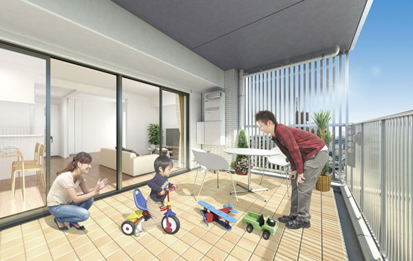 Room and equipment. Prepare a terrace balcony plan of the depth of up to about 3m. Or use as a children's playground, Or use as outdoor living out the chairs and table, It is a variety of fun ways to suit your lifestyle. (D type terrace balcony Rendering) ※ Some dwelling unit A ・ B type 6 ~ Except for the 15th floor