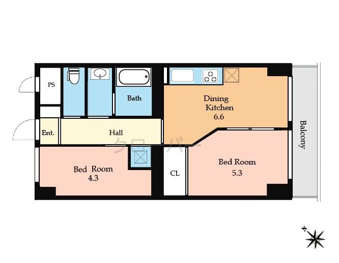 Floor plan. 2DK, Price 16.8 million yen, Occupied area 41.38 sq m , Balcony area 5.44 sq m