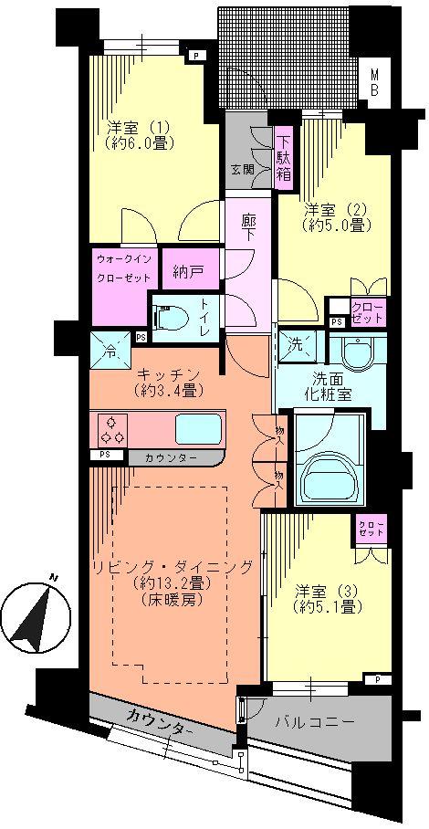 Floor plan. 3LDK, Price 54,800,000 yen, Occupied area 73.02 sq m , Balcony area 6.14 sq m Floor