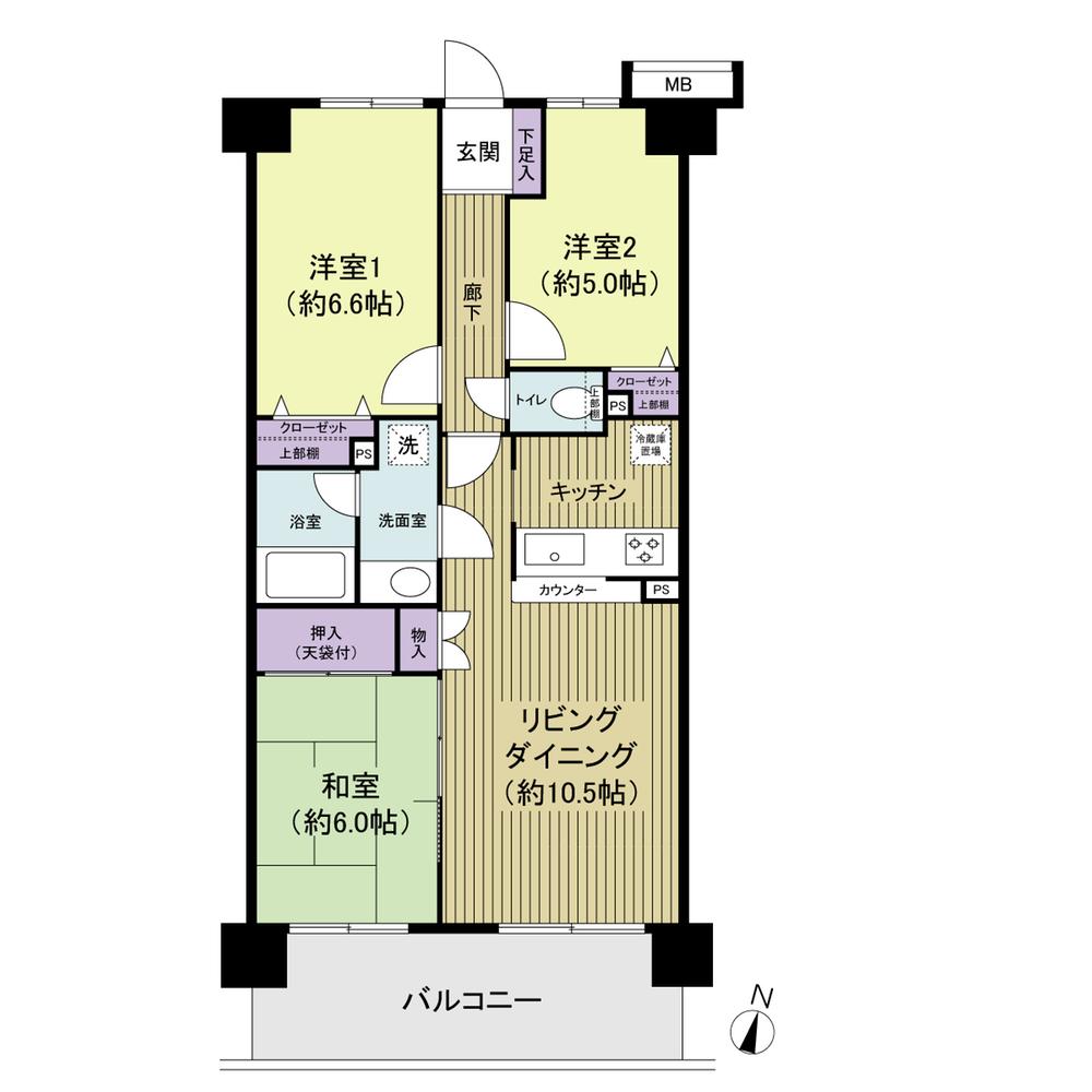 Floor plan. 3LDK, Price 29,800,000 yen, Occupied area 65.54 sq m , Balcony area 9.6 sq m