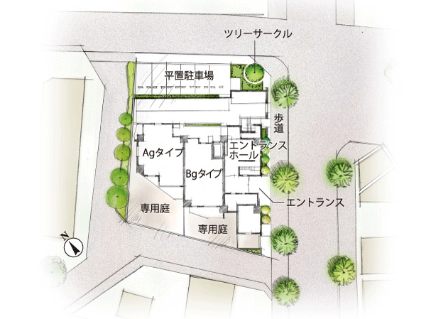 Shared facilities.  [A four-way has been opened, Pleasant site planning] "Geo ・ Initiative Tabata "is to birth, Four sides of the site is not adjacent to the building, Where the distance separating the roads is maintained. You can get a sense of openness of precisely because not enclosed in the building. To ensure clear some open space in the light and wind enjoy on-site from all sides, You can put a tree circles and flat 置駐 car park. Also abundantly arranged planting was aware of the continuity of the street trees. (Site layout illustration)