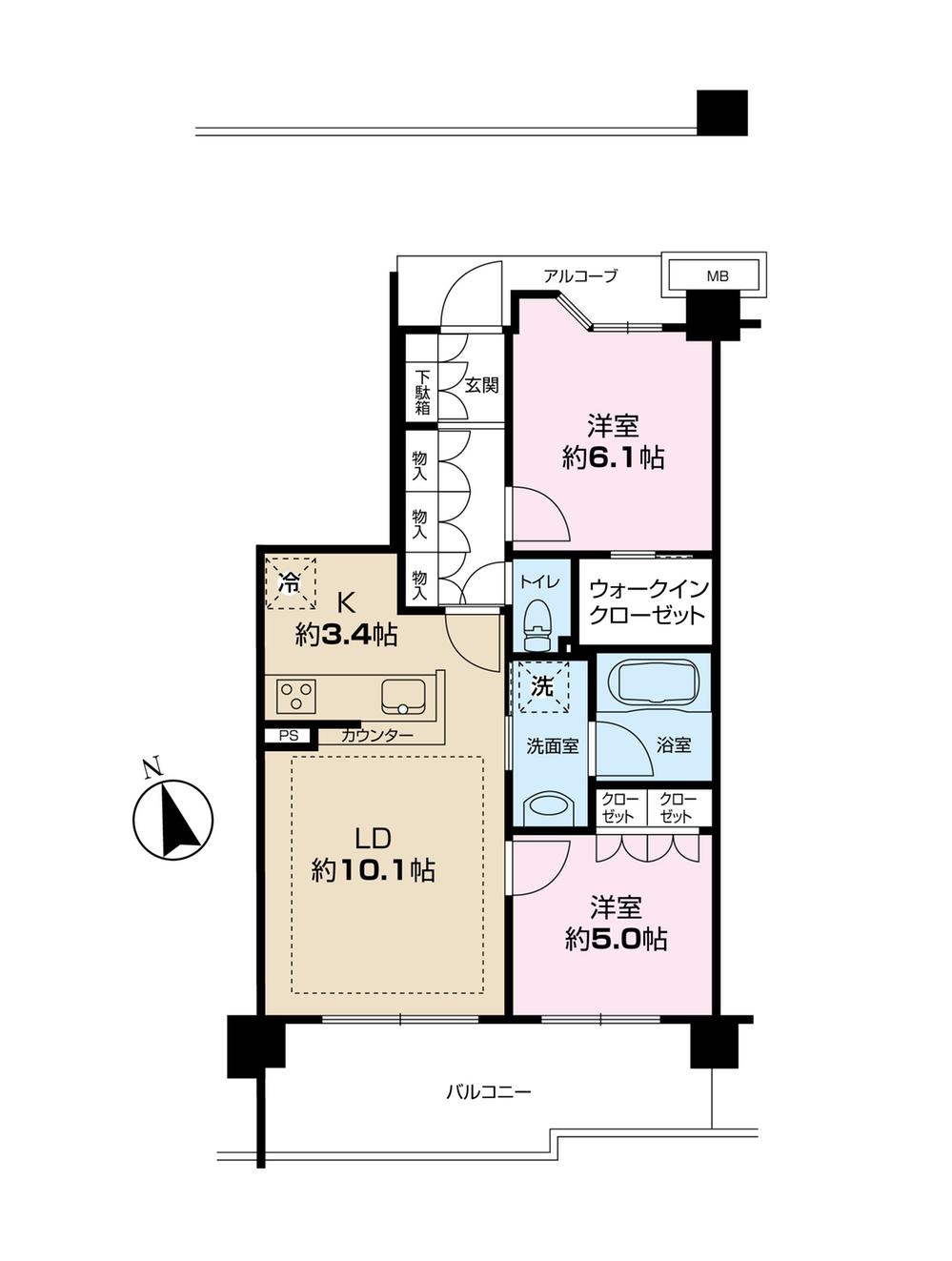 Floor plan. 2LDK, Price 29,800,000 yen, Occupied area 58.56 sq m , Balcony area 12.12 sq m