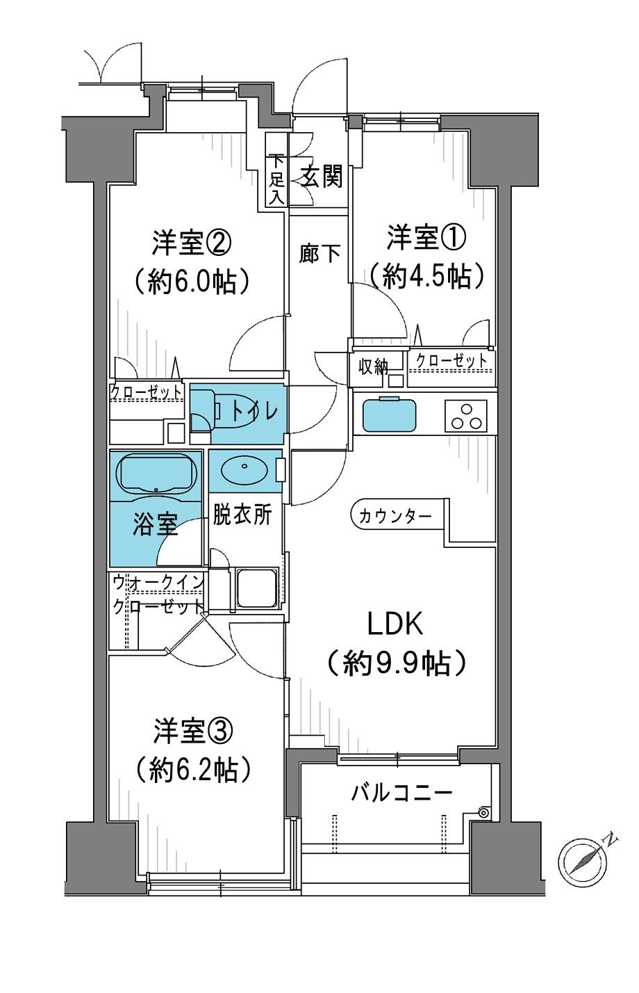 Floor plan. 3LDK, Price 34,800,000 yen, Occupied area 60.68 sq m , Views per balcony area 5.89 sq m south-facing 8th floor ・ Day good