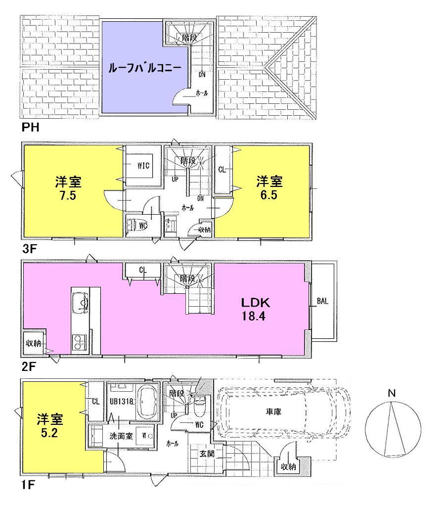 Floor plan. (B), Price 56,800,000 yen, 3LDK, Land area 54.32 sq m , Building area 108.42 sq m