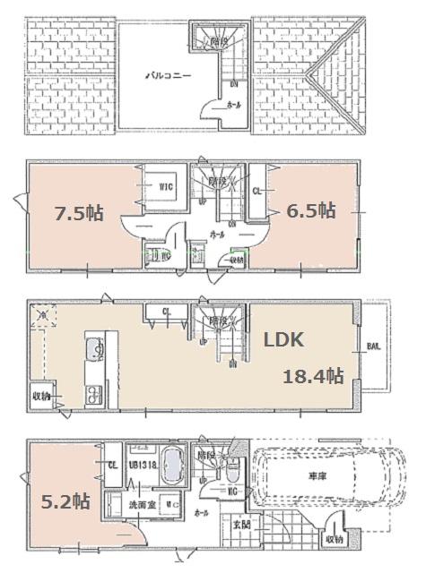 Floor plan. (B Building), Price 56,800,000 yen, 3LDK, Land area 54.32 sq m , Building area 106.93 sq m