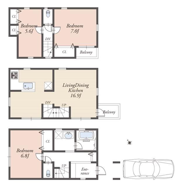 Floor plan. (H Building), Price 44,800,000 yen, 3LDK, Land area 65.32 sq m , Building area 86.16 sq m