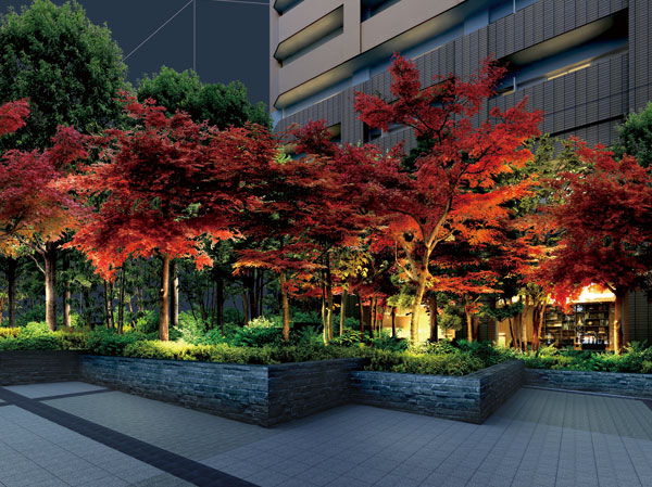Shared facilities.  [Courtyard you place a conifer and maple] It is beautifully lit up at night, And during the day it exudes also different fantastic atmosphere. A vast open space that has been wrapped in colorful flowers and trees are, Also has layout and fun street walks with views of the Square and the green to foster socializing. (Rendering CG)
