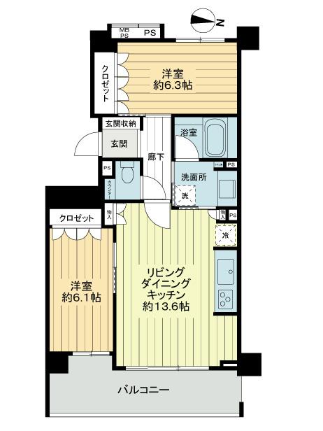 Floor plan. 2LDK, Price 37,800,000 yen, Occupied area 60.36 sq m , Balcony area 10.69 sq m