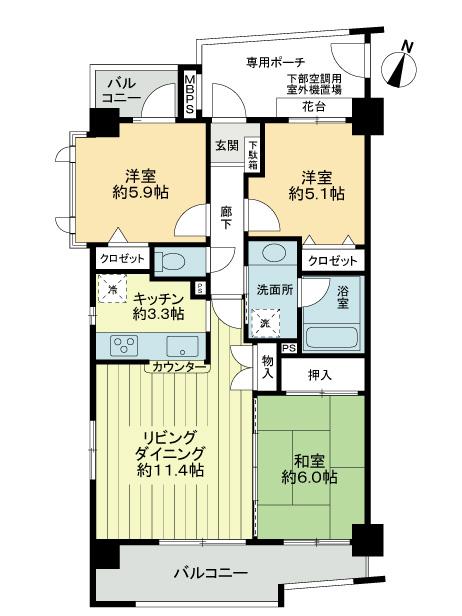 Floor plan. 3LDK, Price 30,800,000 yen, Occupied area 68.67 sq m , Balcony area 11.35 sq m