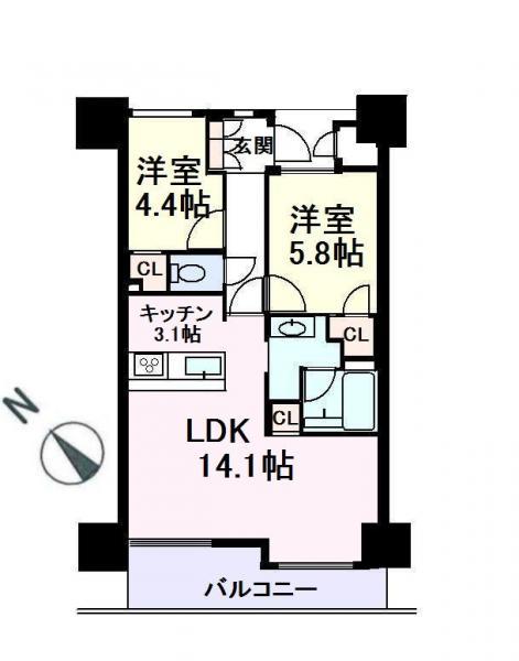 Floor plan. 2LDK, Price 33,800,000 yen, Occupied area 61.83 sq m , Balcony area 8.03 sq m ◎ 24-hour security of the peace of mind!