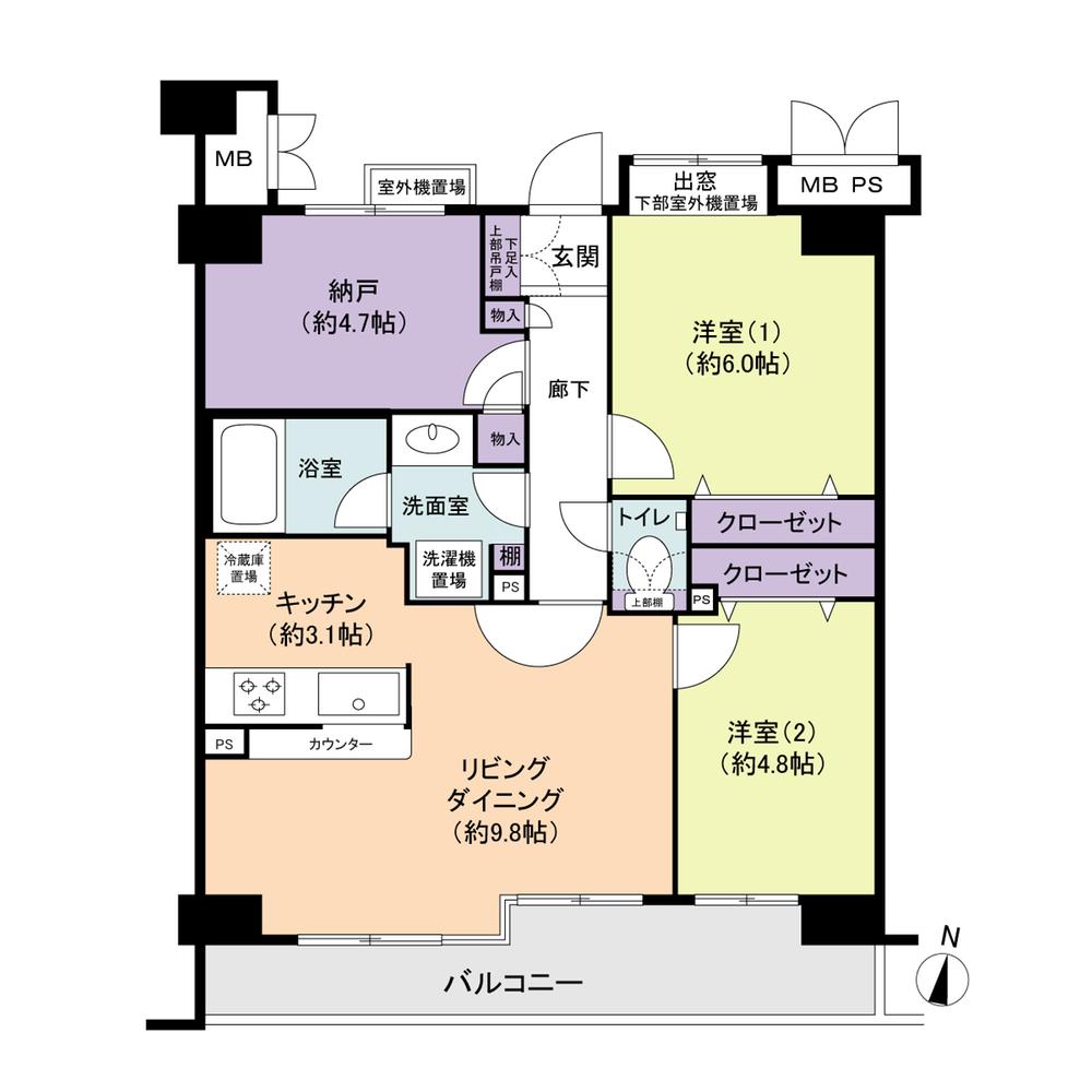 Floor plan. 2LDK + S (storeroom), Price 28.8 million yen, Occupied area 61.34 sq m , Balcony area 8.87 sq m