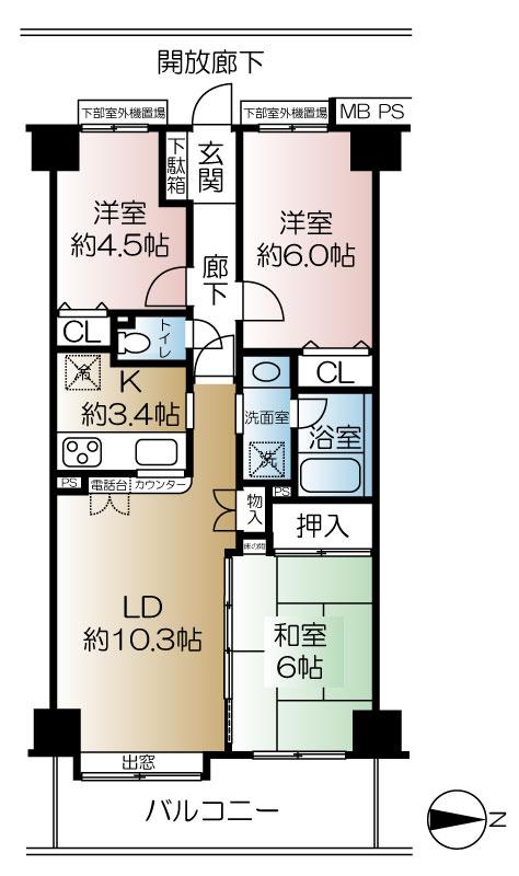 Floor plan. 3LDK, Price 19,800,000 yen, Occupied area 64.96 sq m , Balcony area 10.44 sq m