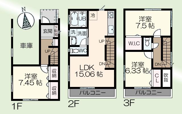 Floor plan. (3 Building), Price 31,800,000 yen, 3LDK, Land area 60.24 sq m , Building area 105.98 sq m